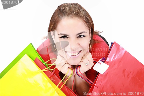 Image of Beautiful shopping woman happy holding shopping bags.