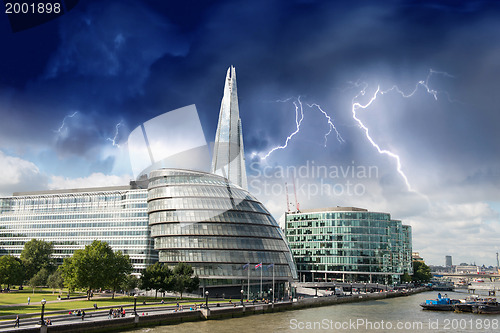 Image of Storm over London city hall with Thames river, panoramic view fr