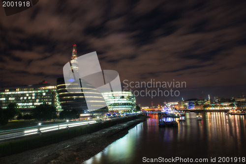 Image of London Cityscape, including City Hall and River Thames at Night,