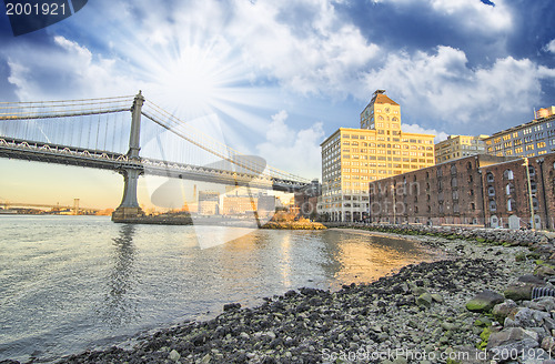 Image of Beautiful sunset colors in New York - Manhattan Bridge view