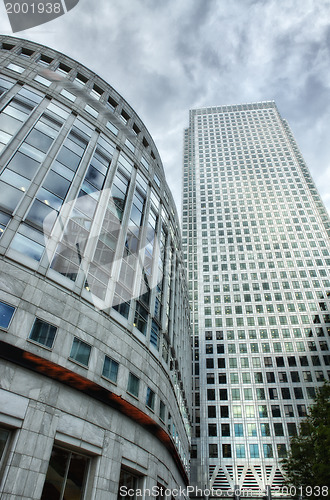 Image of Canary Wharf financial district buildings in London.