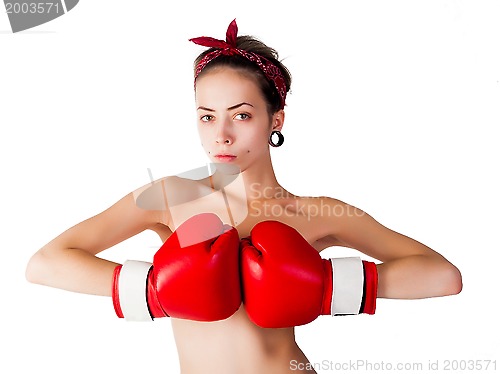 Image of beautiful nude girl with boxing gloves