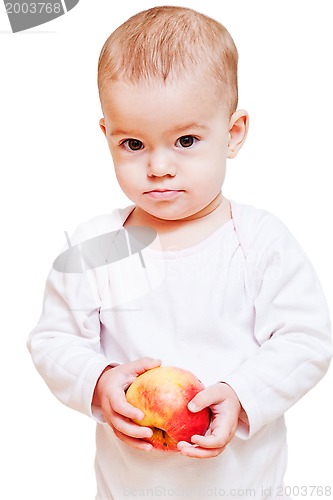 Image of Baby girl with healthy food isolated