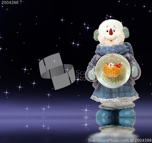 Image of Christmas card, adorable snowman at night