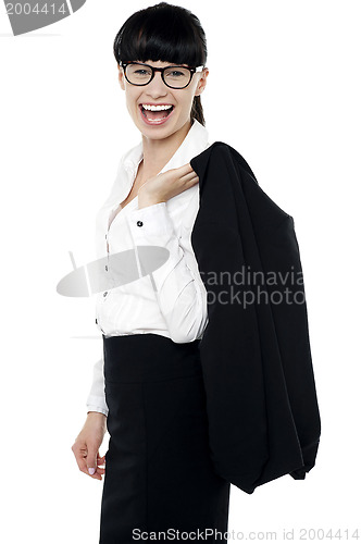 Image of Excited corporate lady having great time