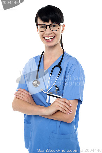 Image of Cheerful doctor with stethoscope around her neck