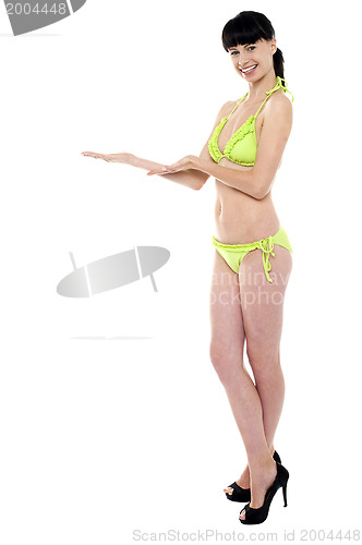 Image of Sexy model in green bikini welcoming you in