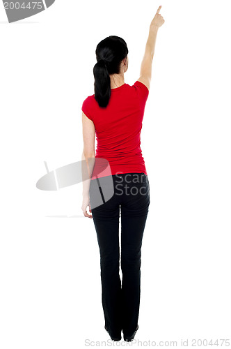 Image of Back pose of woman in casuals pointing away