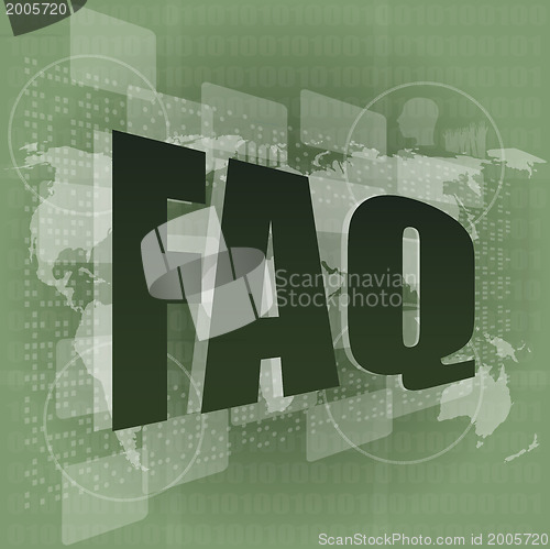 Image of business concept: pixelated words faq on digital screen