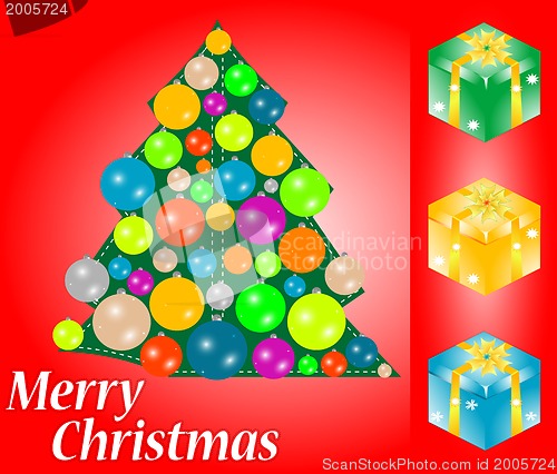 Image of red christmas card with gift, tree and bauble