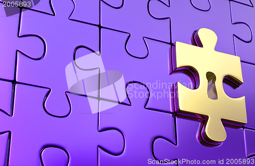 Image of Last golden piece of metallic puzzle with keyhole