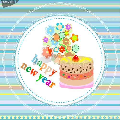 Image of flowers and christmas greetings, new year card with a cake