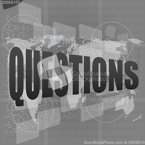 Image of Pixeled word questions on digital screen with world map