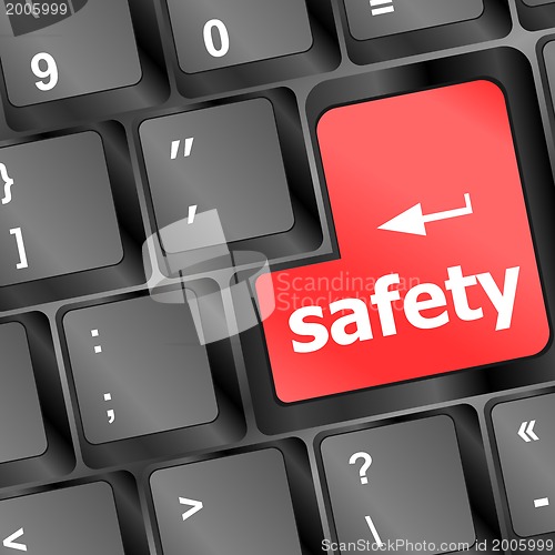 Image of safety first concept with red key on computer keyboard