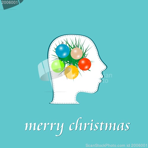 Image of merry christmas blue background with balls and fir on woman head