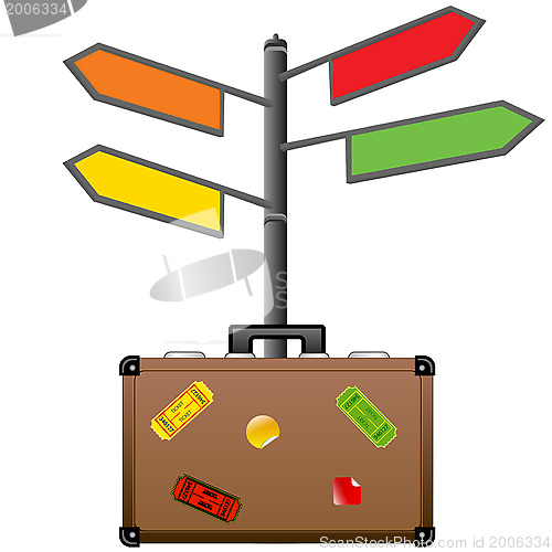 Image of Street sign and travel suitcase. Tourism concept.