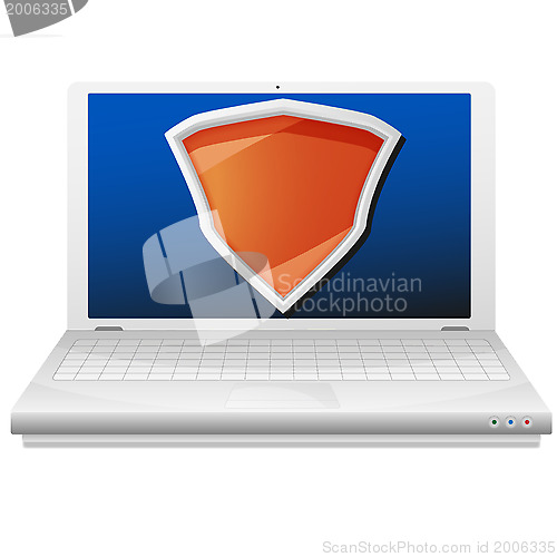 Image of Security concept. Laptop computer and orange shield. 