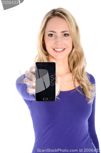 Image of Smiling Young Blonde Woman Holding Cell Phone