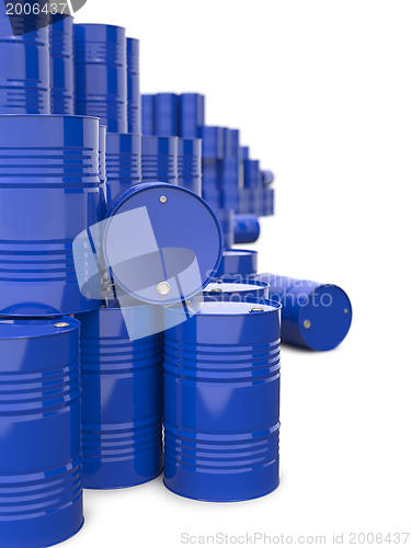 Image of Heap of Blue Metal Oil Barrels.