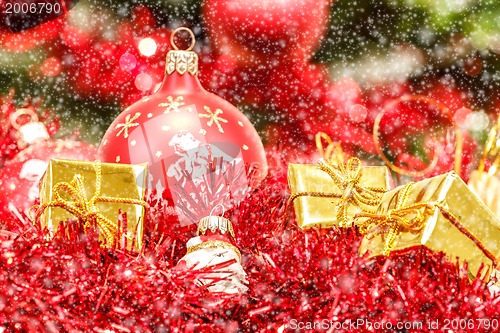 Image of Red christmas balls and decorations
