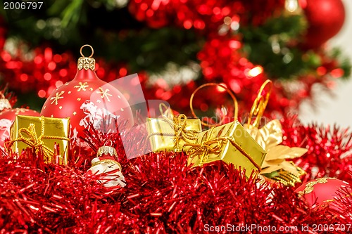 Image of Red christmas balls and decorations