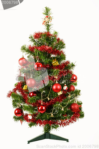Image of Decorated christmas tree on white background