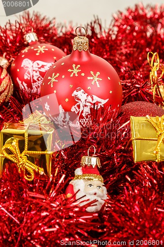 Image of Red christmas balls and decorations