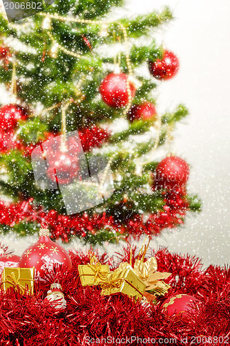 Image of Decorated christmas tree on white background