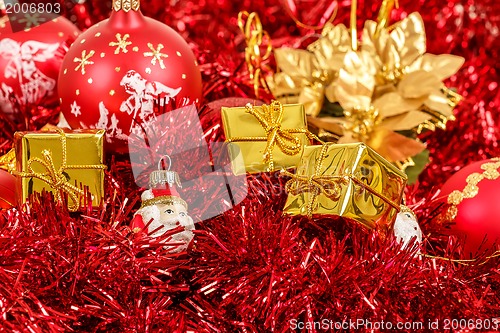 Image of Red christmas balls and decorations