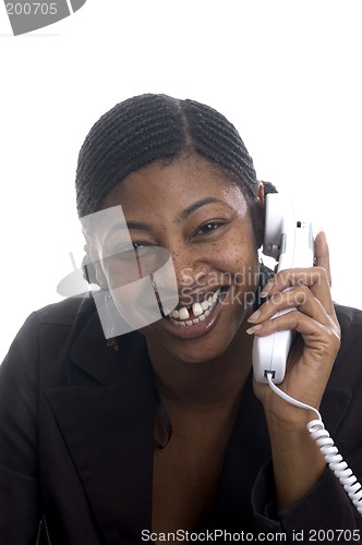 Image of customer service represenatative beautiful smiling on phone