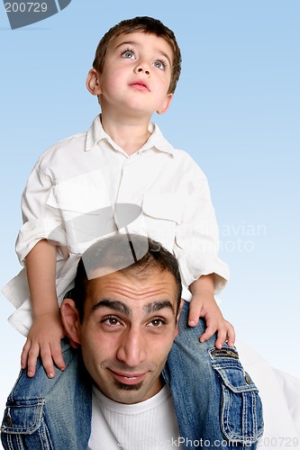 Image of Child sitting on father's shoulders