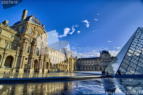 Image of PARIS - NOV 16: Louvre Pyramid reflects on Water on November, 16