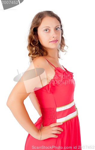 Image of seductive blonde woman with red dress