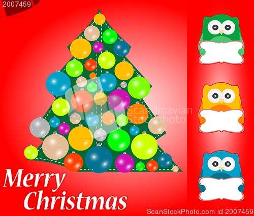 Image of merry christmas card design. cute owls with blank card