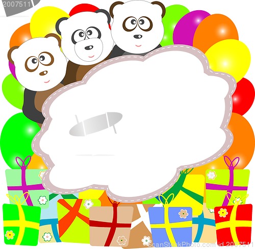 Image of baby birthday card with bear panda and gift boxes