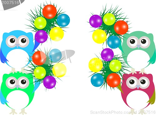 Image of owl family with christmas balls and fir - new year concept