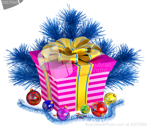 Image of Christmas tree toys and gift with golden bow