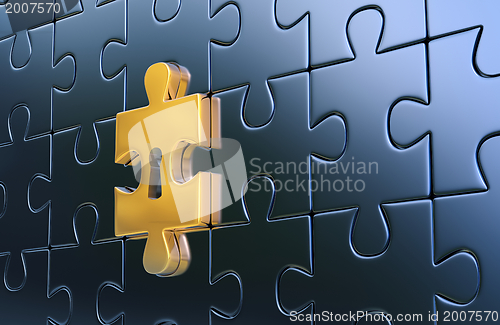 Image of Last golden piece of metallic puzzle with keyhole