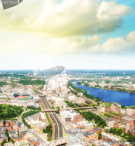 Image of Boston Aerial view with cloudy sky, Massachusetts