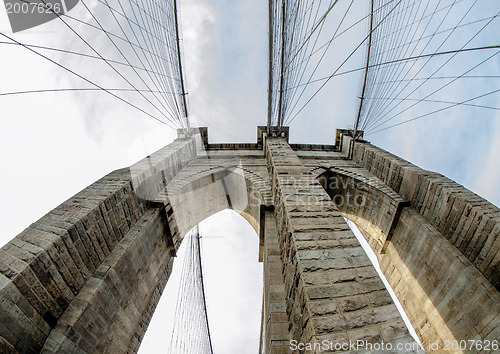 Image of Fisheye view of Brooklyn Bridge Pylon in New York City