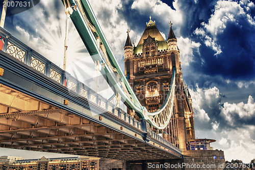 Image of Famous Tower Bridge at sunset with clouds, seen from Tower of Lo