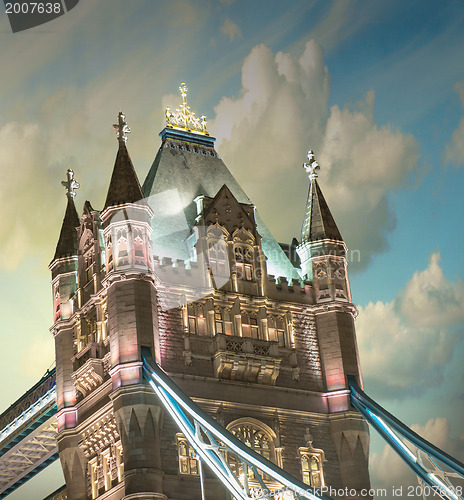 Image of Lights and Colors of Tower Bridge at sunset with Clouds - London