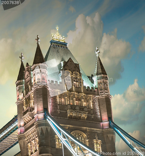 Image of Lights and Colors of Tower Bridge at sunset with Clouds - London