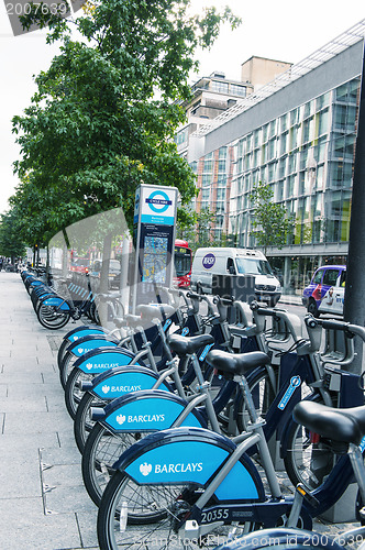 Image of LONDON, ENGLAND - SEP 27: Detail of London's bicycle rent dockin