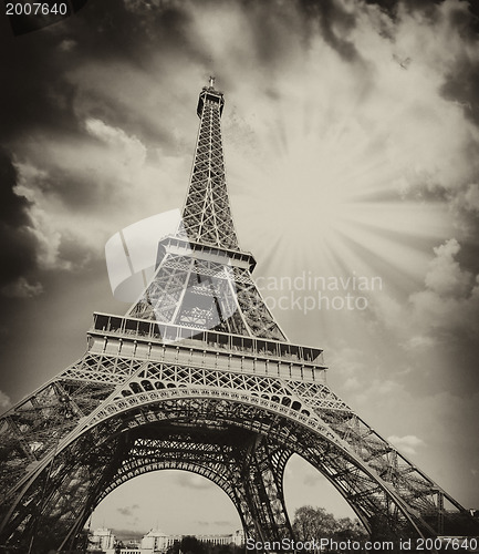 Image of Dramatic view of Eiffel Tower with Sky on Background