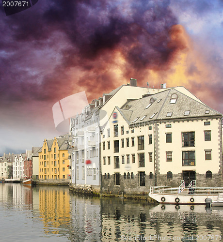 Image of Small harbor in downtown of Alesund, with Reflections - Norway