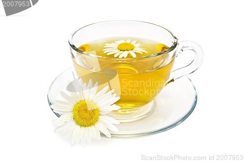Image of Herbal tea in a glass cup with daisies