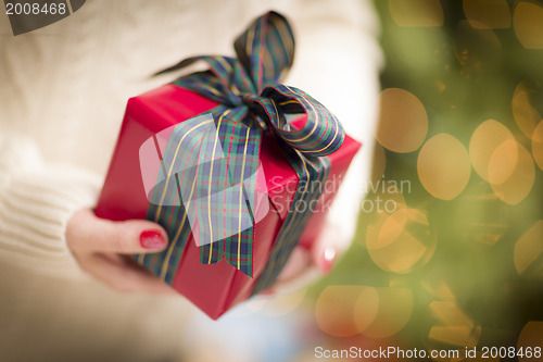 Image of Woman Wearing Seasonal Red Mittens Holding Christmas Gift