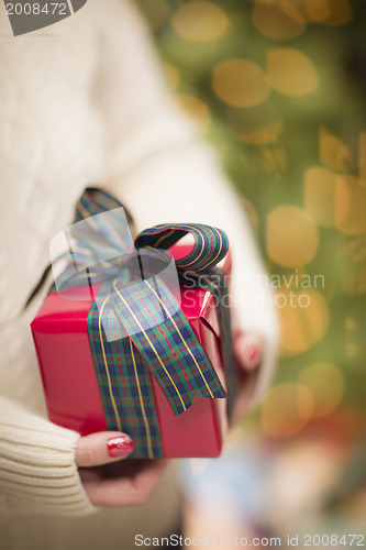 Image of Woman Wearing Seasonal Red Mittens Holding Christmas Gift