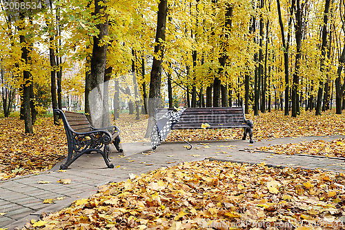 Image of Opened umbrella near the bench. 